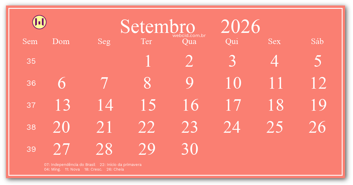 Calendário 2026 - Setembro - Brasil com feriados e fases da lua
