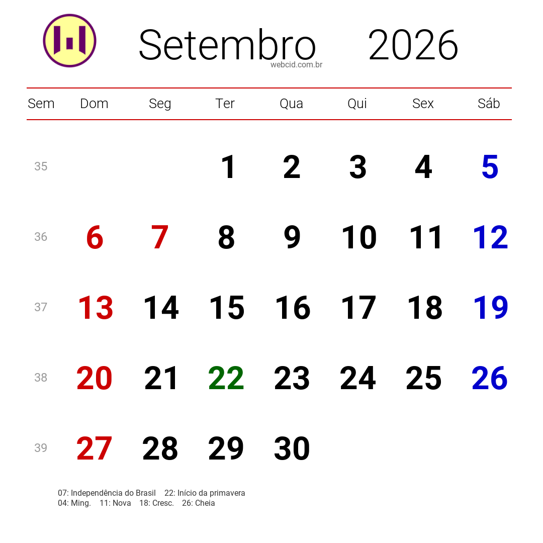 Calendário 2026 - Setembro - Brasil com feriados e fases da lua