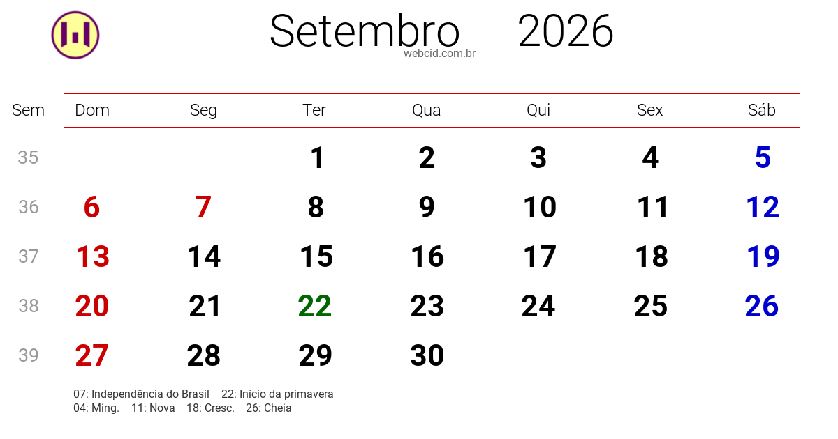 Calendário 2026 - Setembro - Brasil com feriados e fases da lua