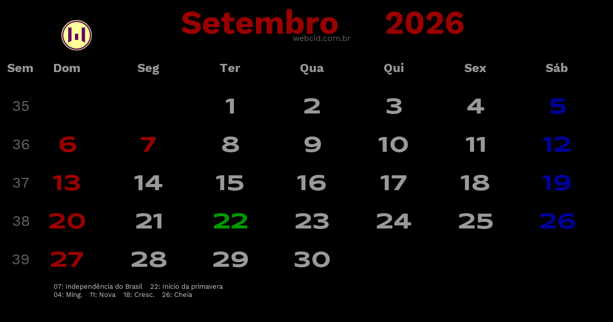 Calendário 2026 - Setembro - Brasil com feriados e fases da lua