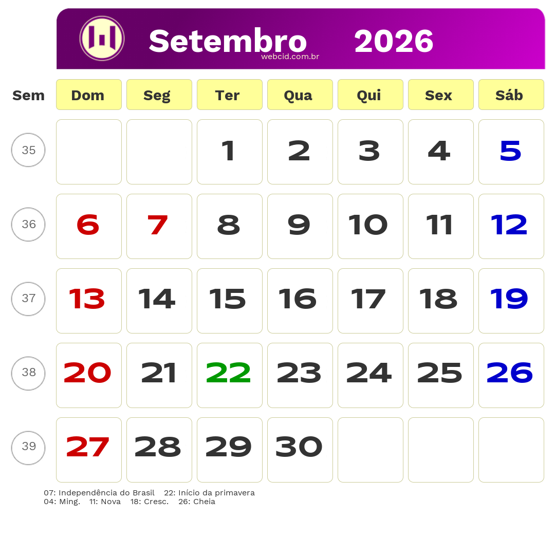 Calendário 2026 - Setembro - Brasil com feriados e fases da lua
