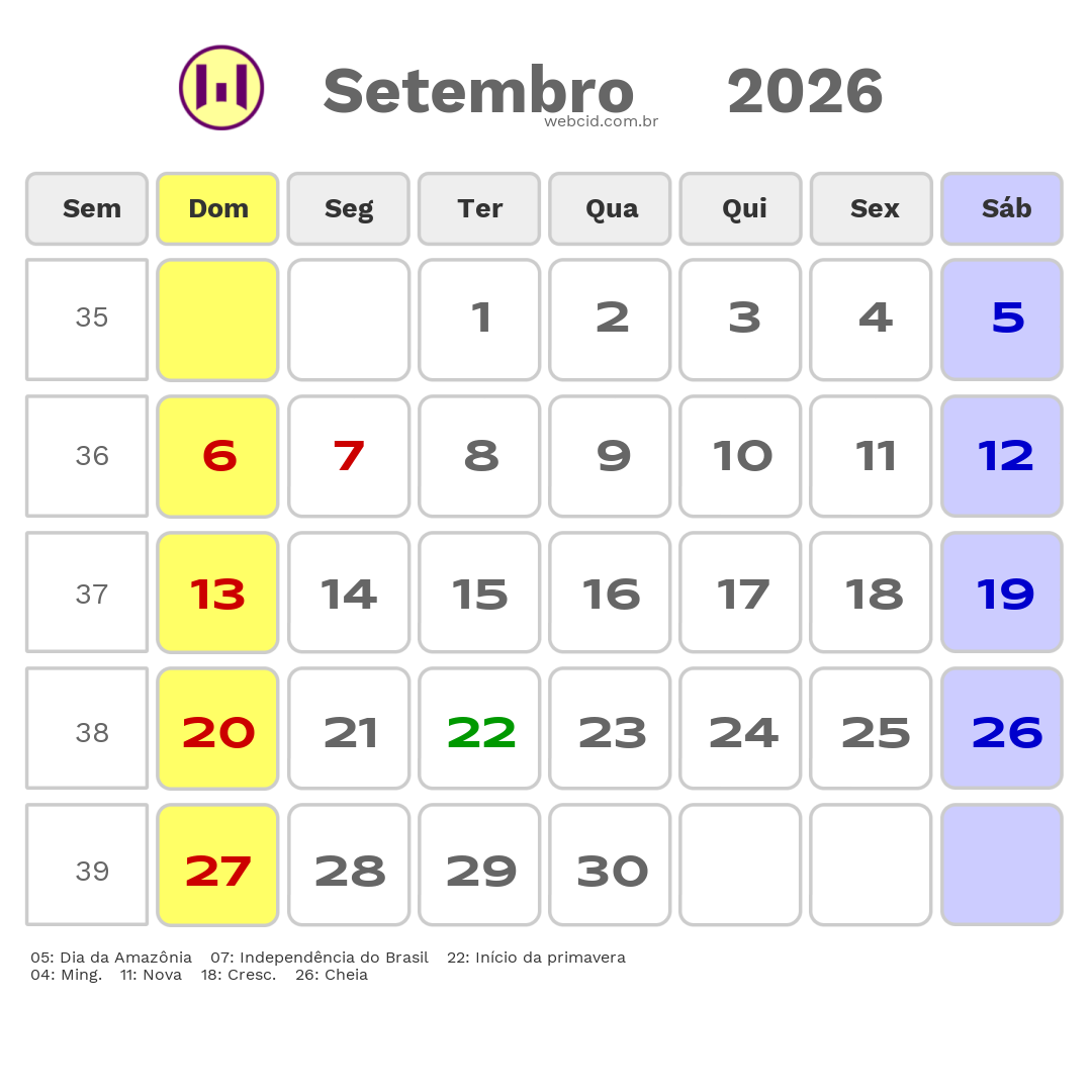 Calendário 2026 - Setembro - Feijó-AC com feriados e fases da lua