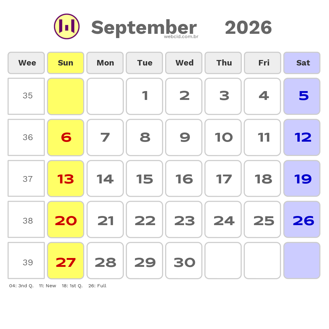 Calendar 2026 - September - Austrália com feriados e fases da lua