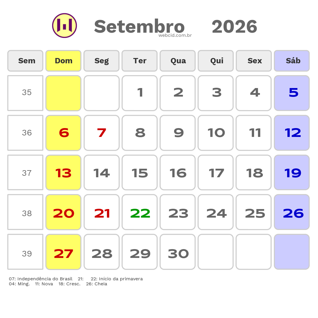 Calendário 2026 - Setembro - Filadelfia-BA com feriados e fases da lua