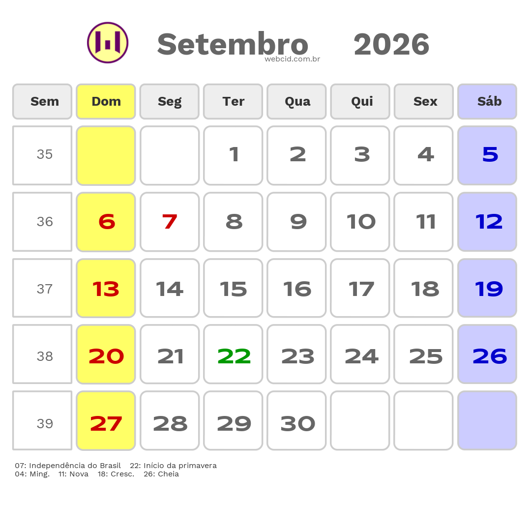 Calendário 2026 - Setembro - Brasil com feriados e fases da lua