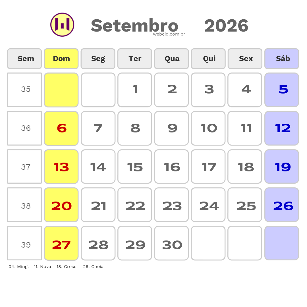Calendário 2026 - Setembro - Copa do Mundo FIFA com feriados e fases da lua