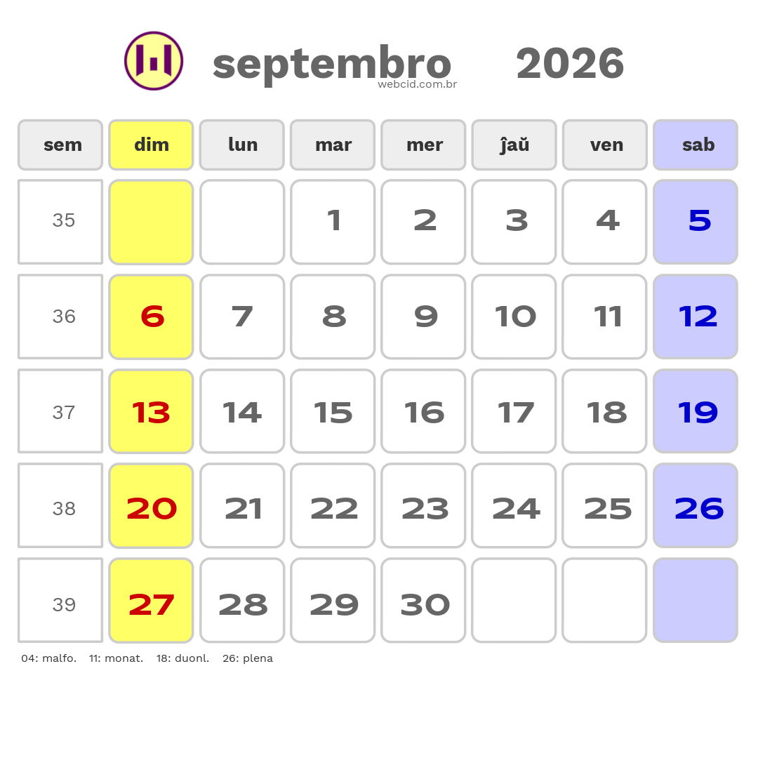 Kalendaro 2026 - septembro - Esperanto-ESPERANTO com feriados e fases da lua
