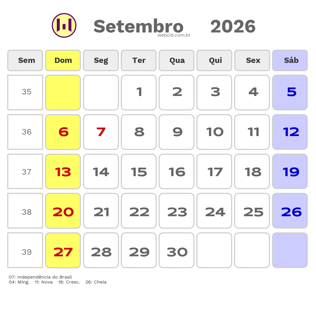 Calendário 2026 - Setembro - Feriados Bancários com feriados e fases da lua