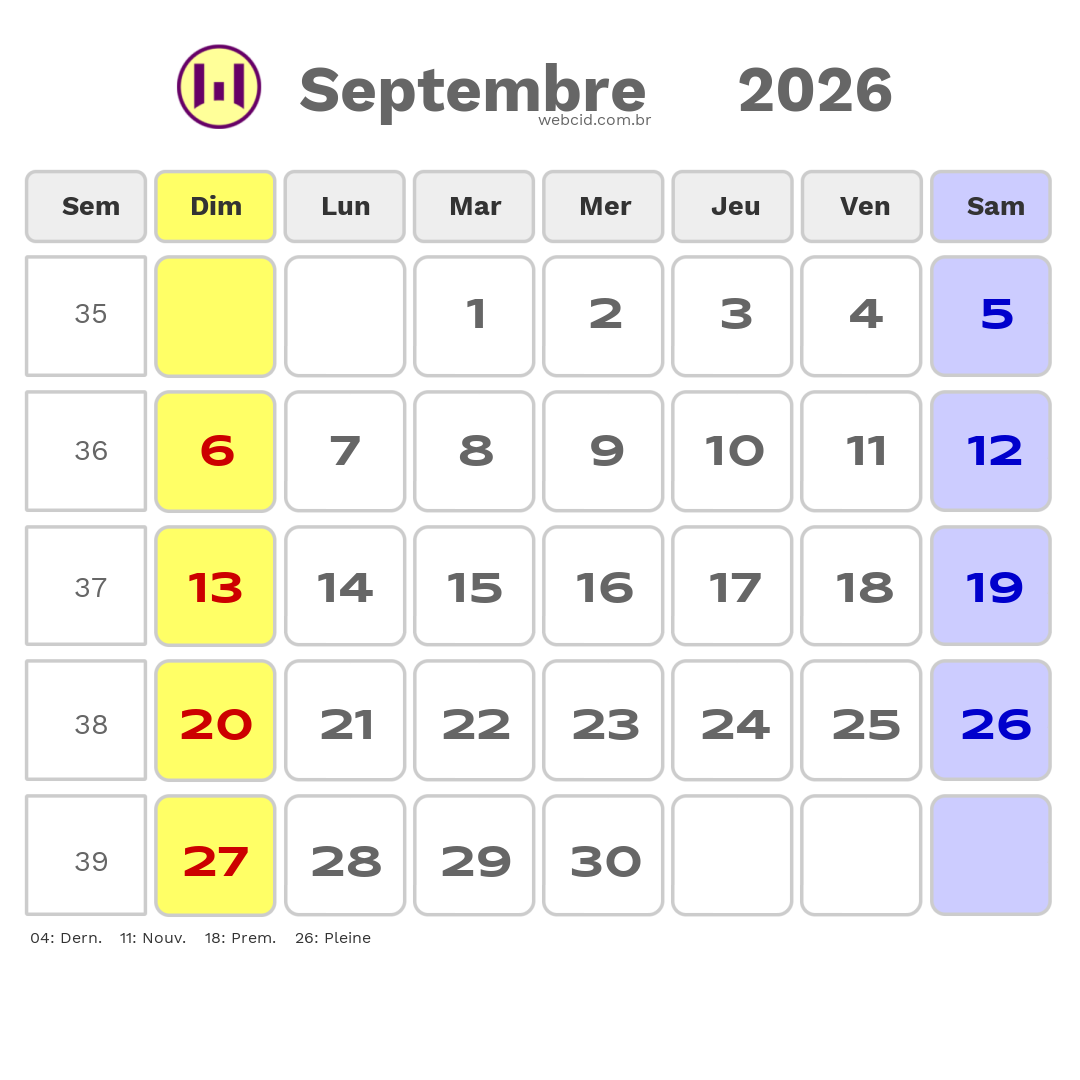 Calendrier 2026 - Septembre - La France com feriados e fases da lua