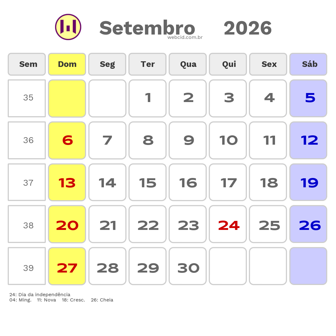 Calendário 2026 - Setembro - Guiné-Bissau com feriados e fases da lua