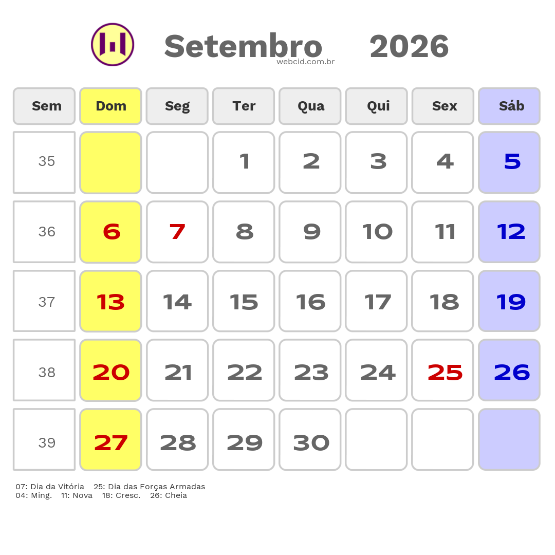 Calendário 2026 - Setembro - Moçambique com feriados e fases da lua