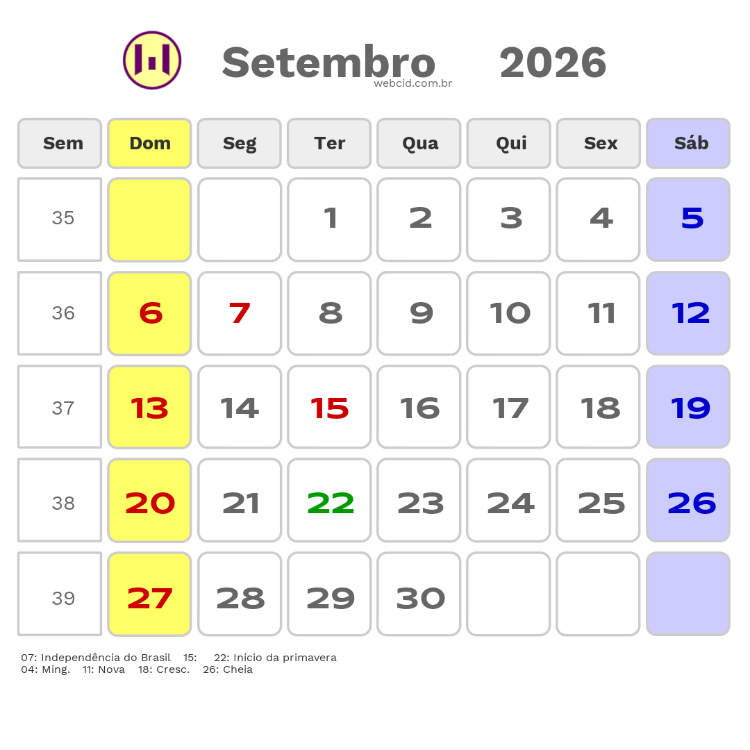 Calendário 2026 - Setembro - Marilandia do Sul-PR com feriados e fases da lua
