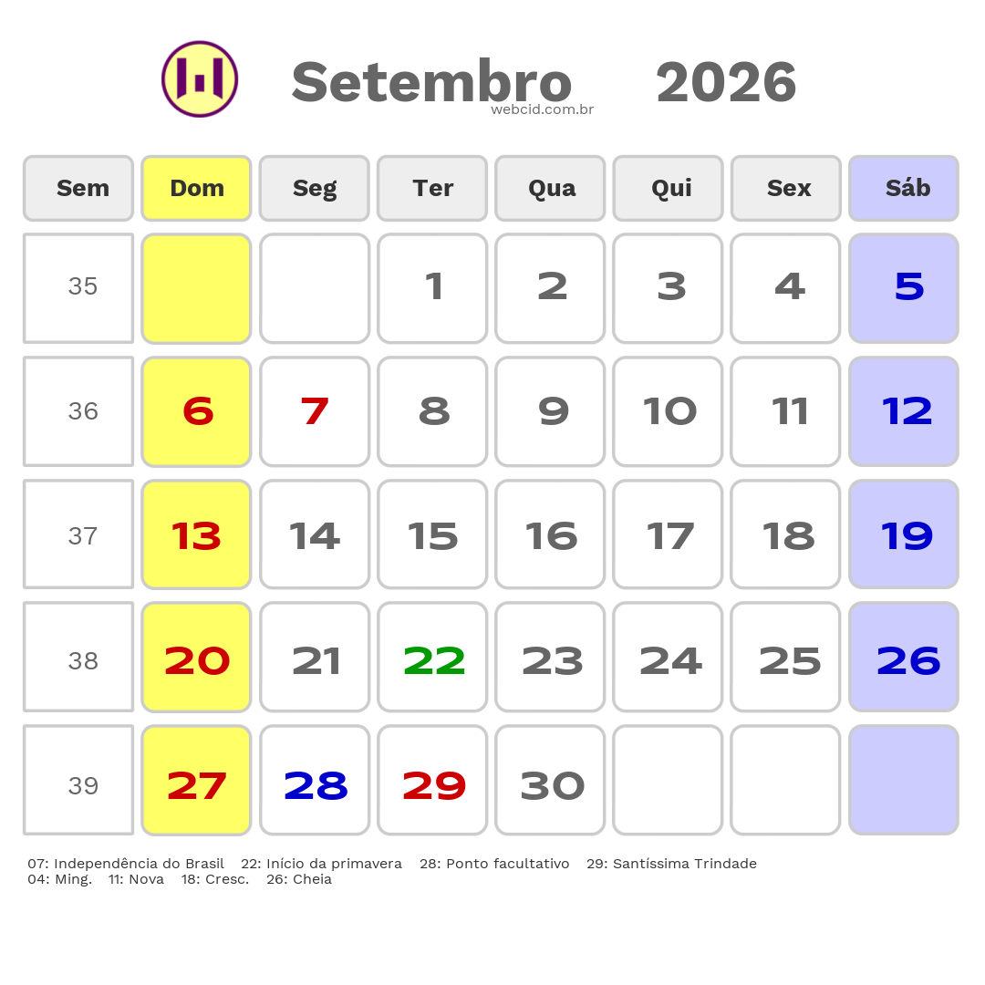 Calendário 2026 - Setembro - Trindade-PE com feriados e fases da lua