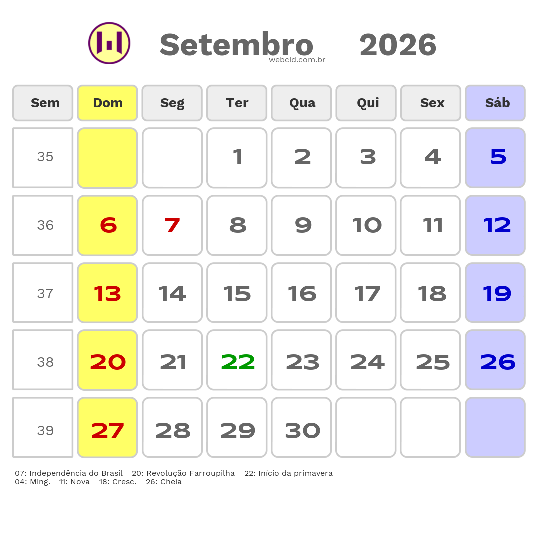 Calendário 2026 - Setembro - Santa Rosa-RS com feriados e fases da lua