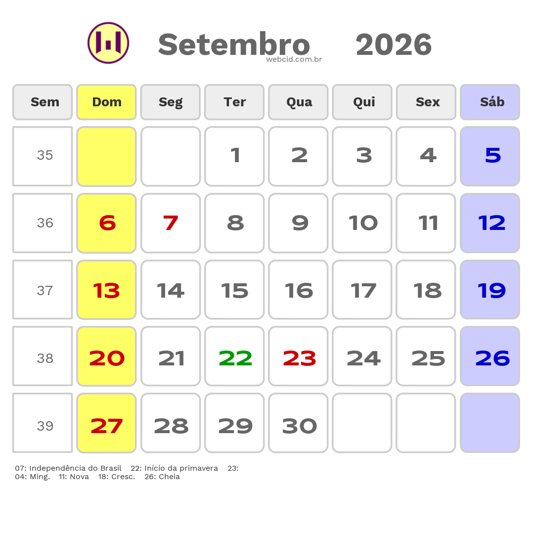 Calendário 2026 - Setembro - Timbe do Sul-SC com feriados e fases da lua