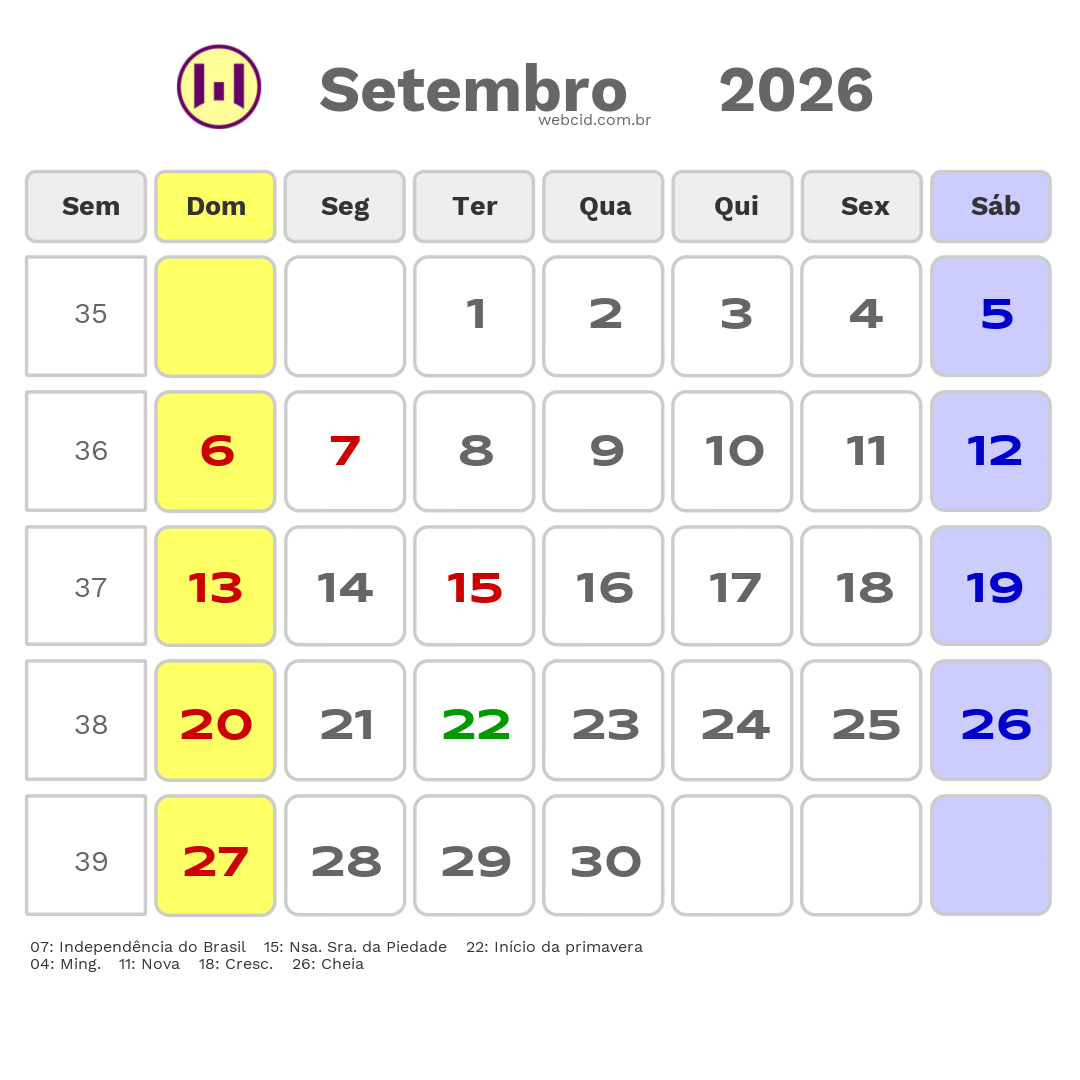 Calendário 2026 - Setembro - Tubarão-SC com feriados e fases da lua