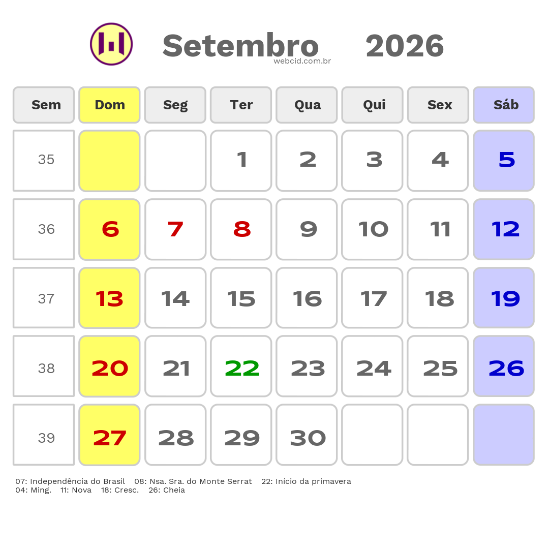 Calendário 2026 - Setembro - Santos-SP com feriados e fases da lua