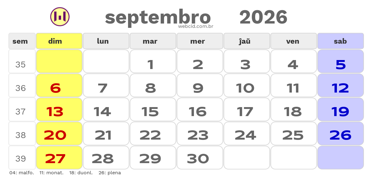 Kalendaro 2026 - septembro - Esperanto-ESPERANTO com feriados e fases da lua