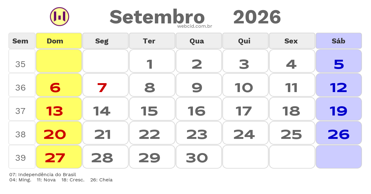 Calendário 2026 - Setembro - Feriados Bancários com feriados e fases da lua