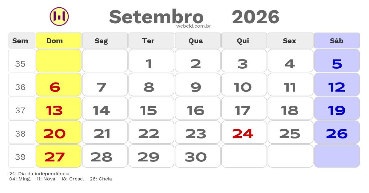 Calendário 2026 - Setembro - Guiné-Bissau com feriados e fases da lua