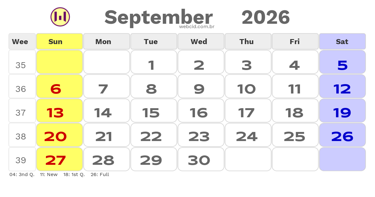 Calendar 2026 - September - Guyana com feriados e fases da lua