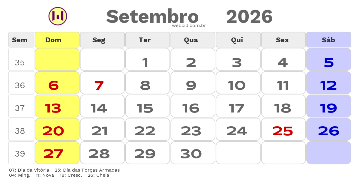 Calendário 2026 - Setembro - Moçambique com feriados e fases da lua