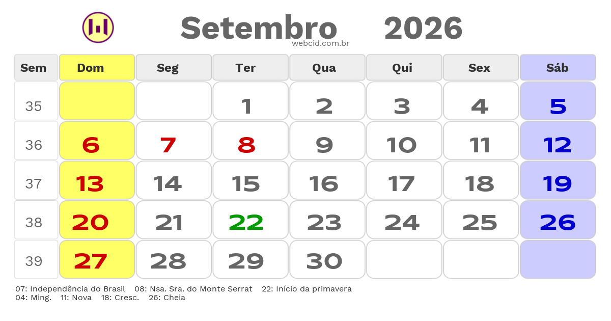 Calendário 2026 - Setembro - Santos-SP com feriados e fases da lua