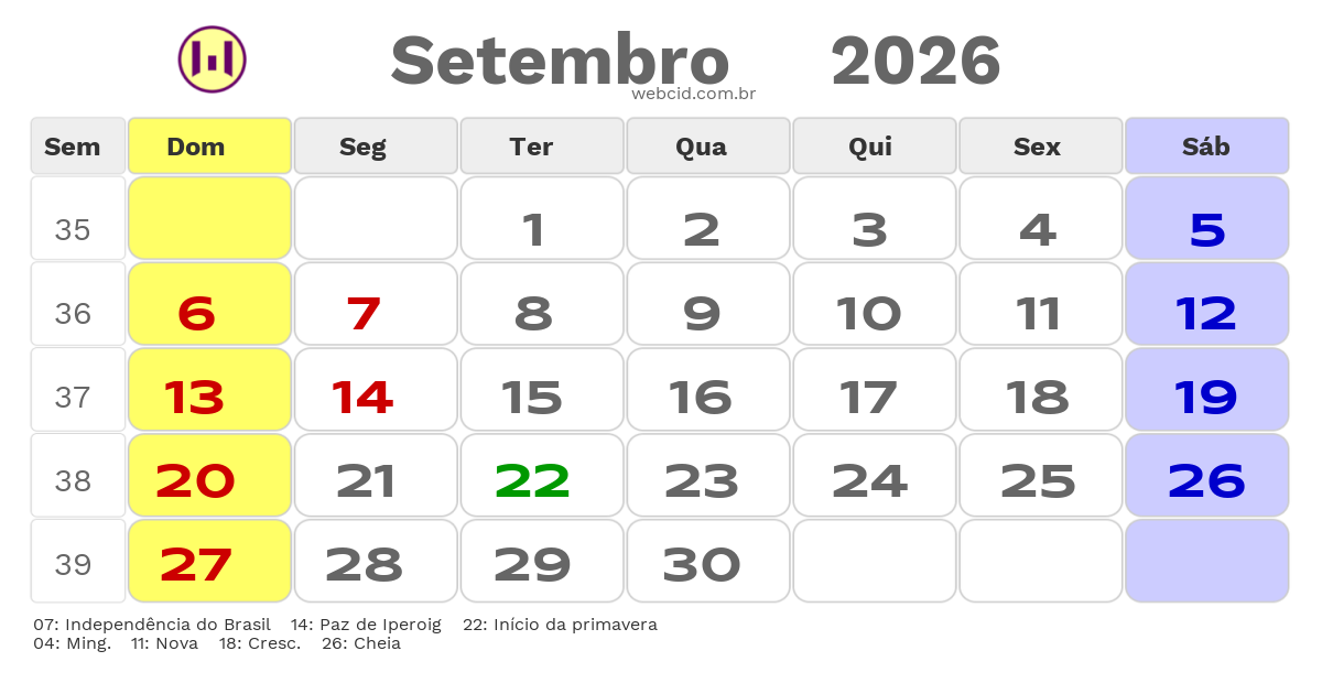 Calendário 2026 - Setembro - Ubatuba-SP com feriados e fases da lua