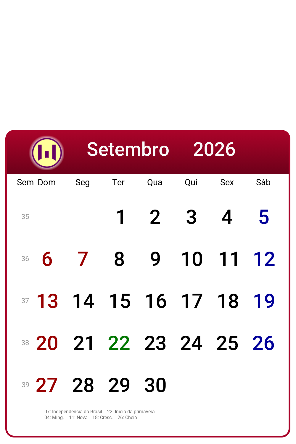 Calendário 2026 - Setembro - Brasil com feriados e fases da lua
