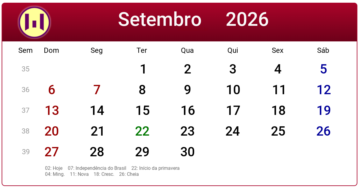 Calendário 2026 - Setembro - Brasil com feriados e fases da lua