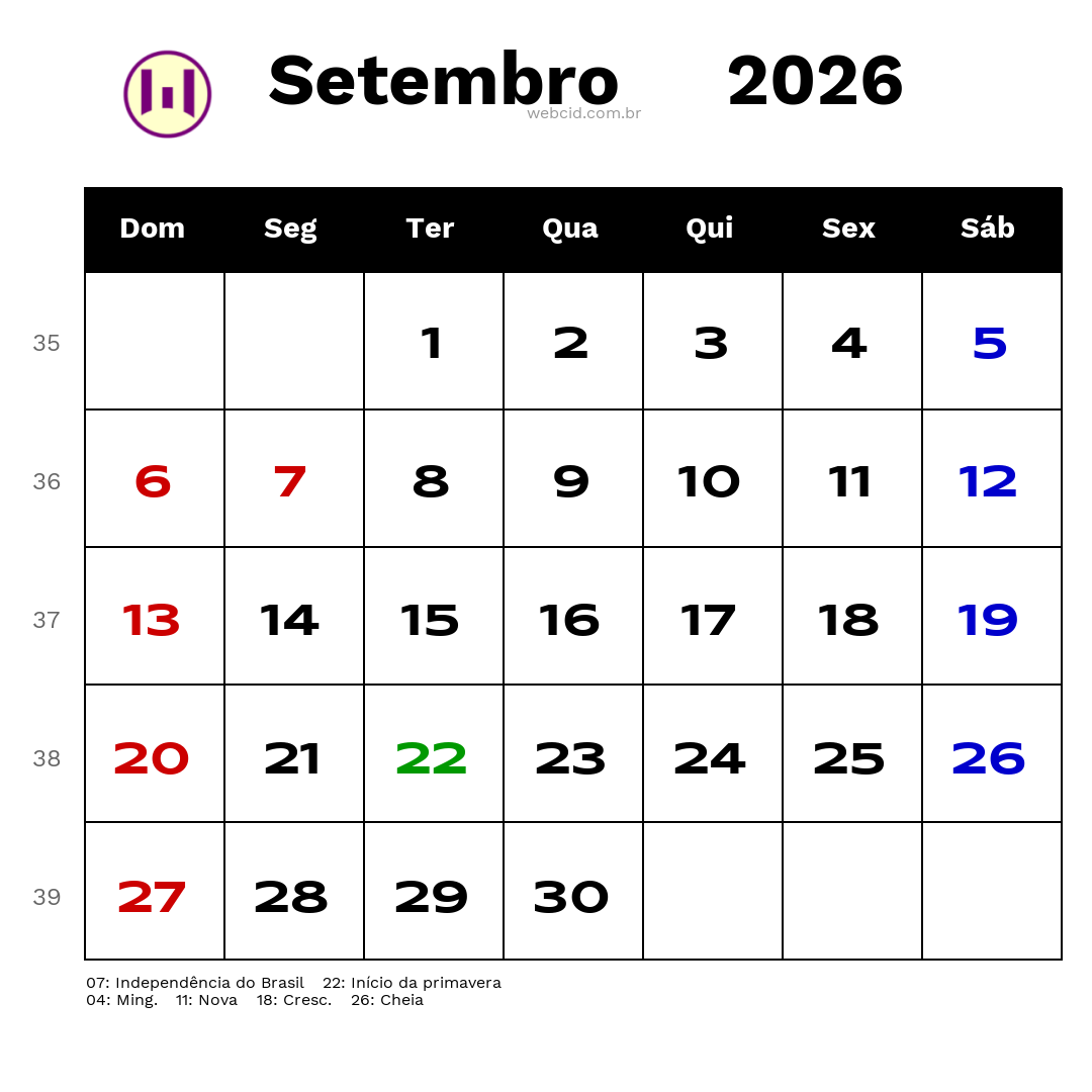 Calendário 2026 - Setembro - Brasil com feriados e fases da lua