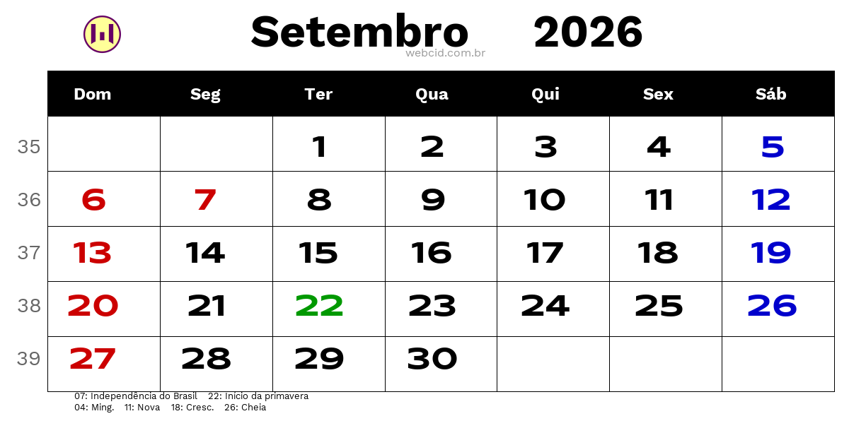 Calendário 2026 - Setembro - Brasil com feriados e fases da lua