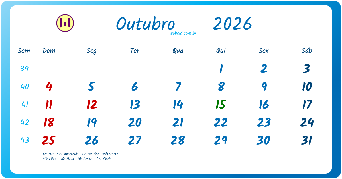 Calendário 2026 - Outubro - Brasil com feriados e fases da lua