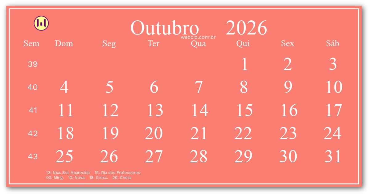 Calendário 2026 - Outubro - Brasil com feriados e fases da lua