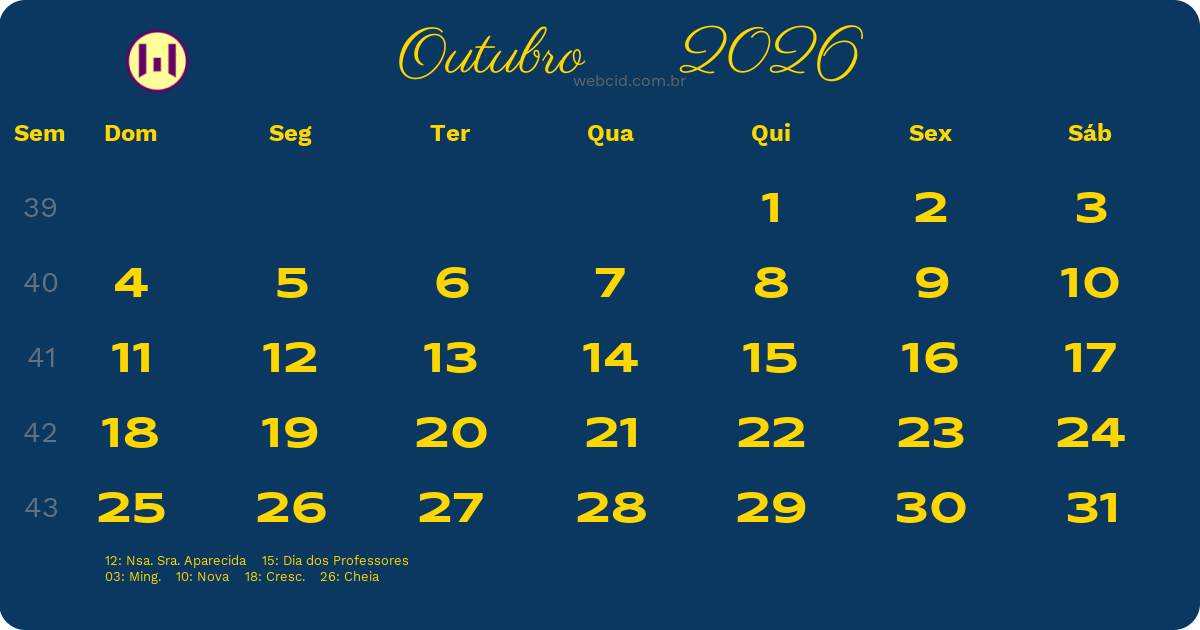 Calendário 2026 - Outubro - Brasil com feriados e fases da lua