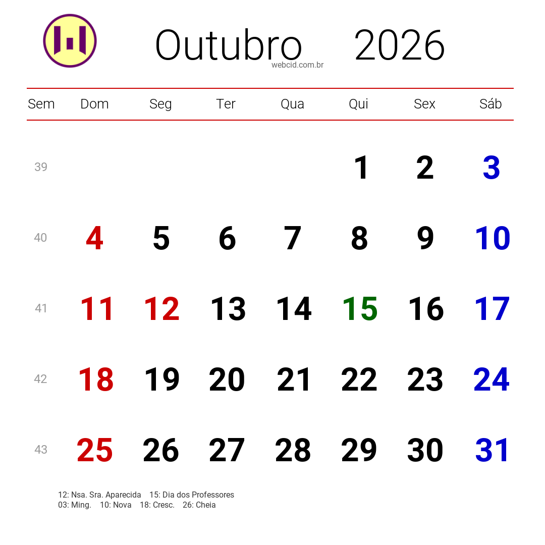 Calendário 2026 - Outubro - Brasil com feriados e fases da lua