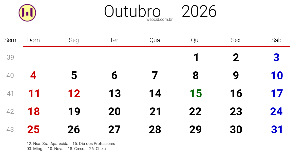 Calendário 2026 - Outubro - Brasil com feriados e fases da lua