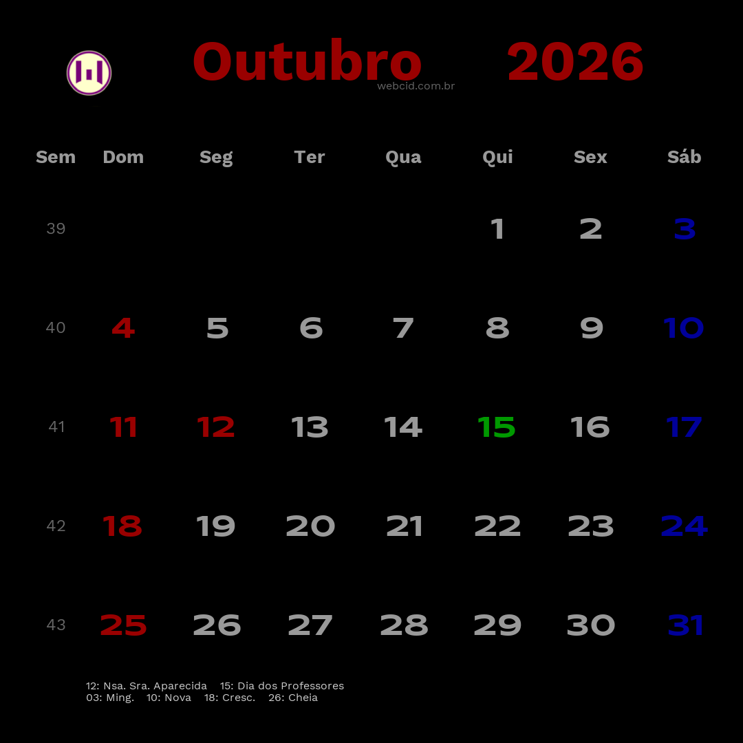 Calendário 2026 - Outubro - Brasil com feriados e fases da lua
