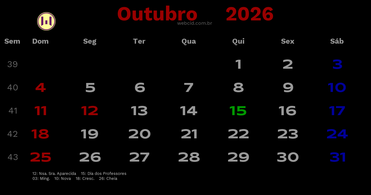 Calendário 2026 - Outubro - Brasil com feriados e fases da lua