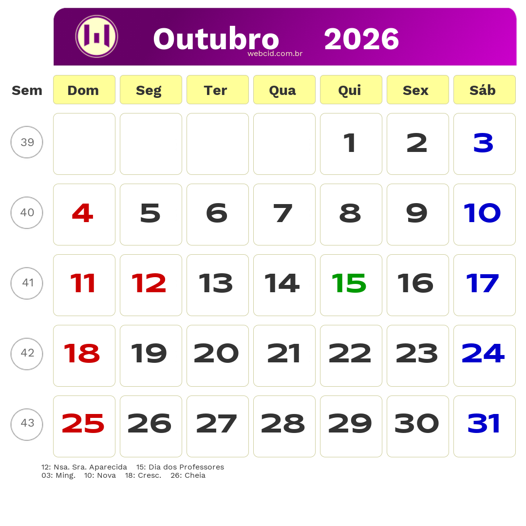 Calendário 2026 - Outubro - Brasil com feriados e fases da lua