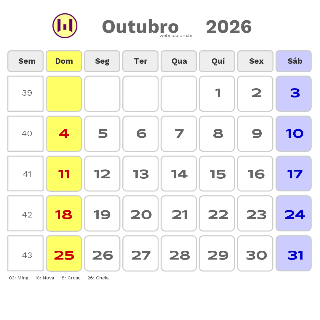 Calendário 2026 - Outubro - Angola com feriados e fases da lua