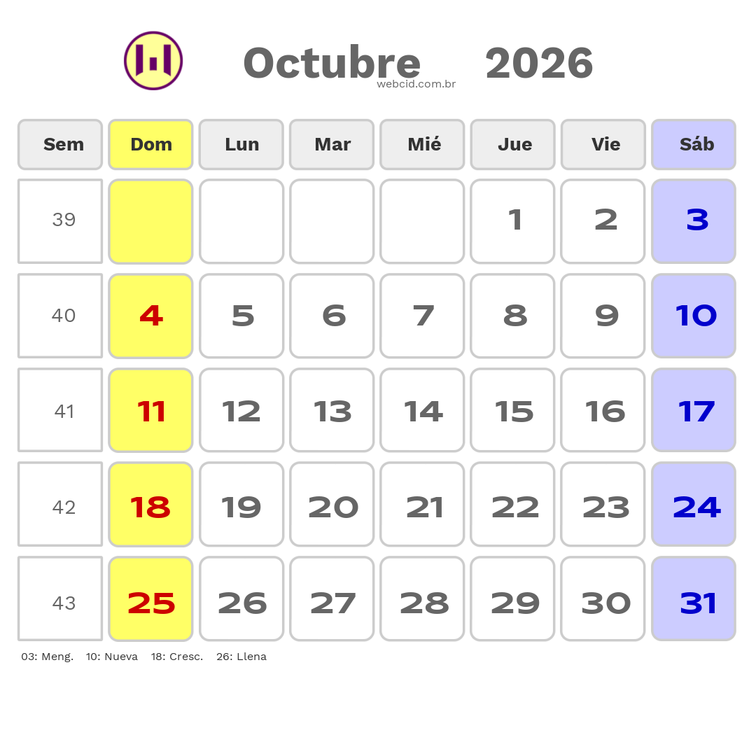 Calendario 2026 - Octubre - Argentina com feriados e fases da lua