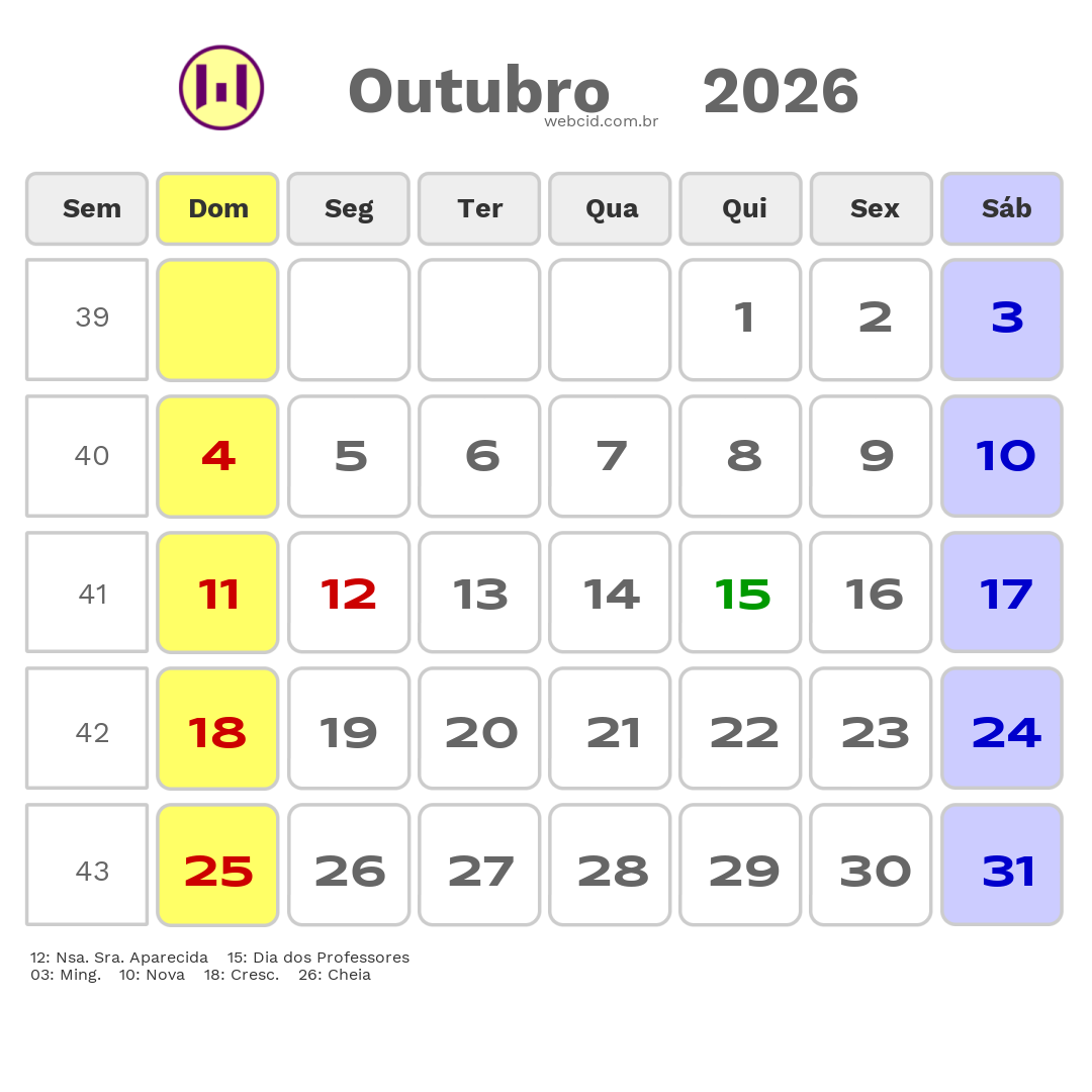 Calendário 2026 - Outubro - Brasil com feriados e fases da lua