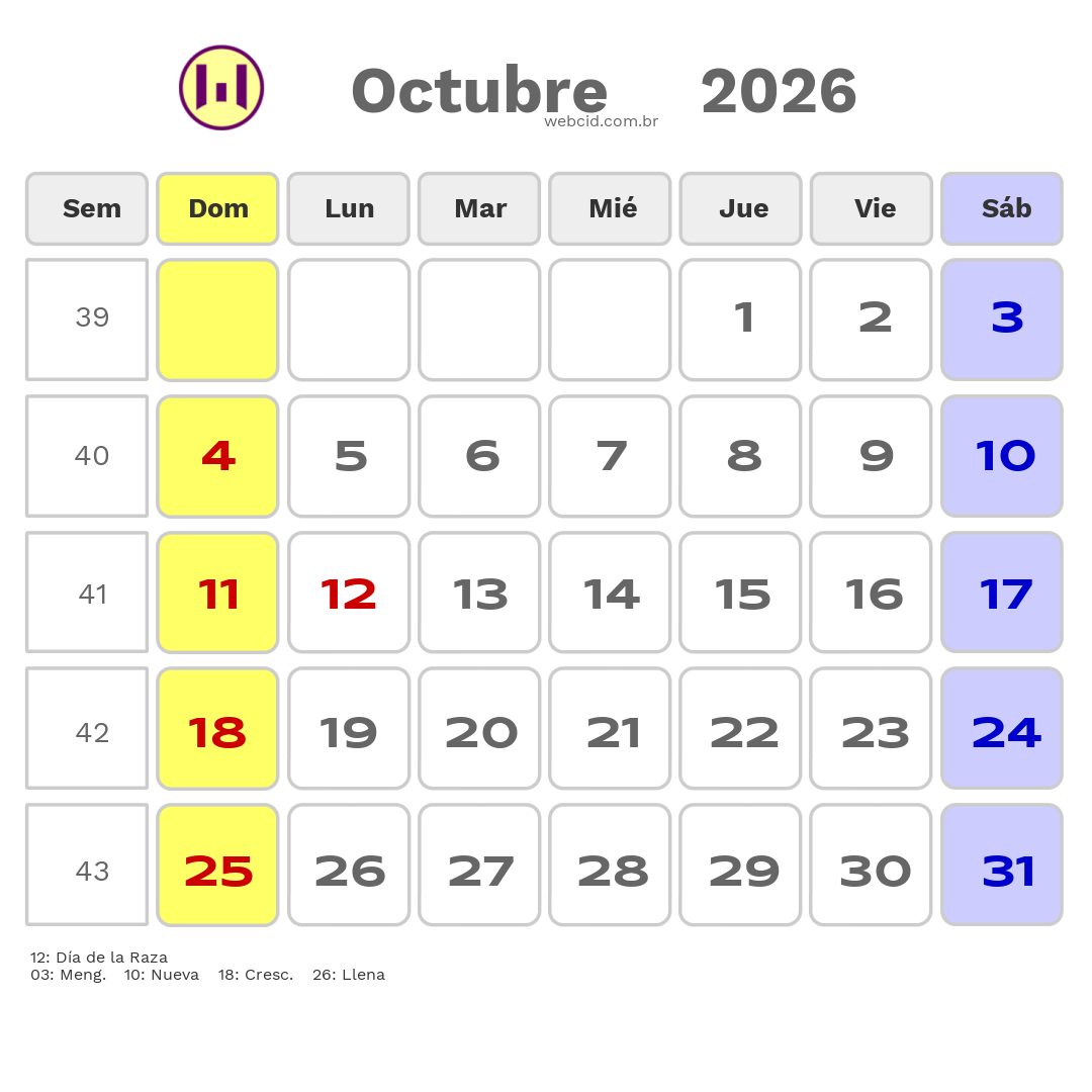 Calendario 2026 - Octubre - Colômbia com feriados e fases da lua