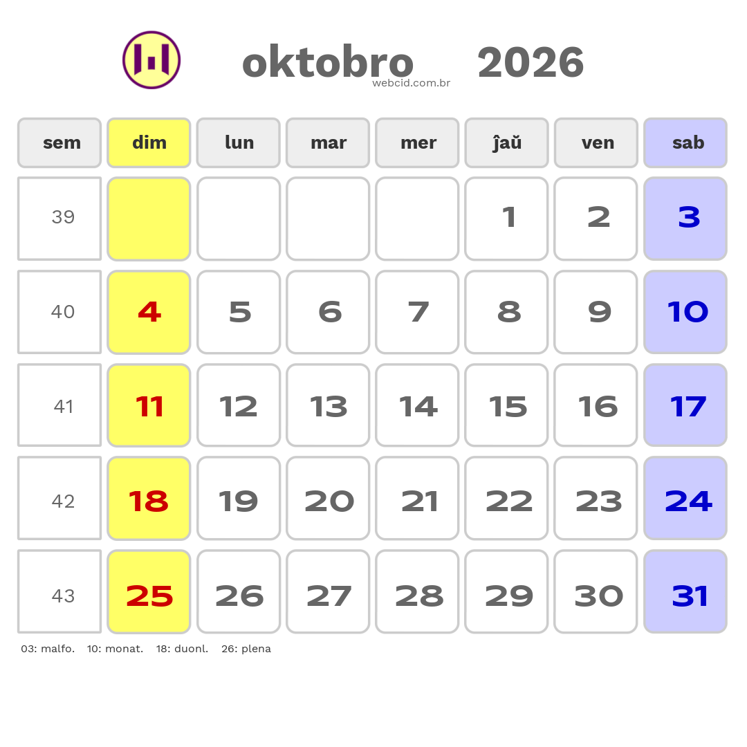 Kalendaro 2026 - oktobro - Esperanto-ESPERANTO com feriados e fases da lua
