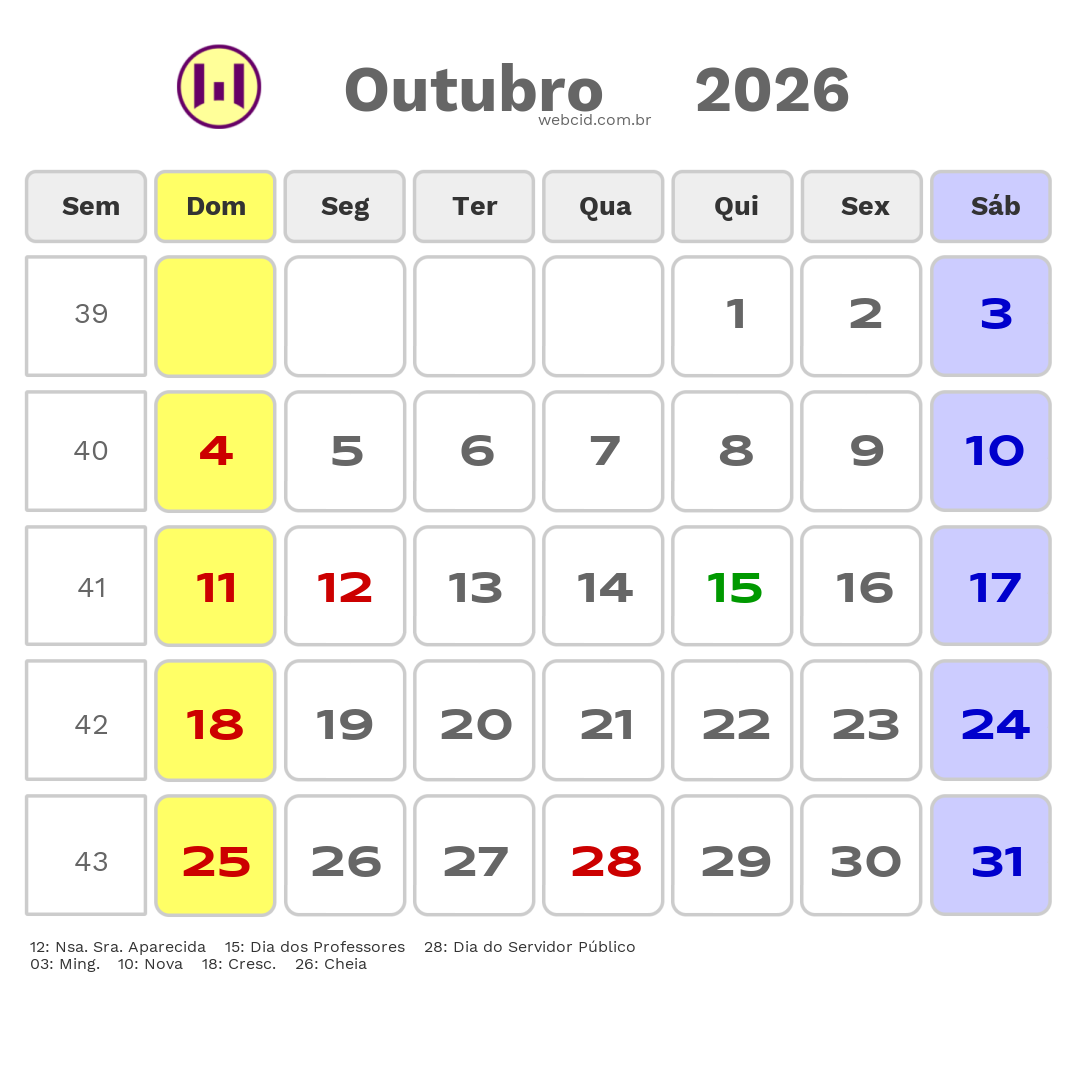 Calendário 2026 - Outubro - Serra-ES com feriados e fases da lua