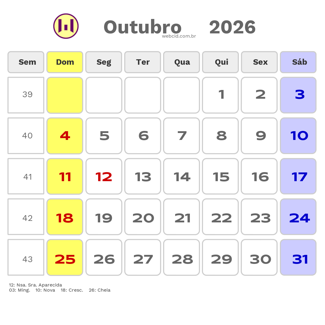 Calendário 2026 - Outubro - Feriados Bancários com feriados e fases da lua