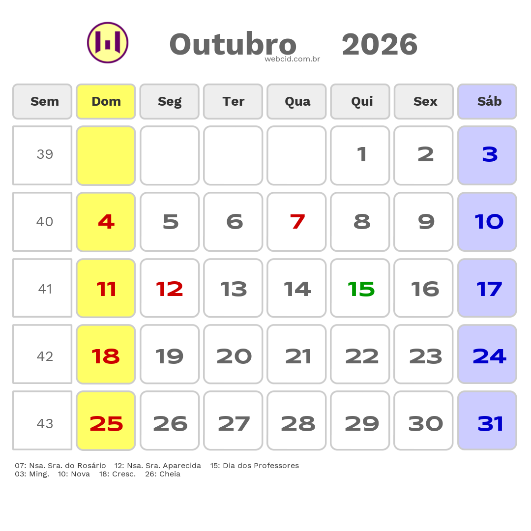 Calendário 2026 - Outubro - Guarantã do Norte-MT com feriados e fases da lua