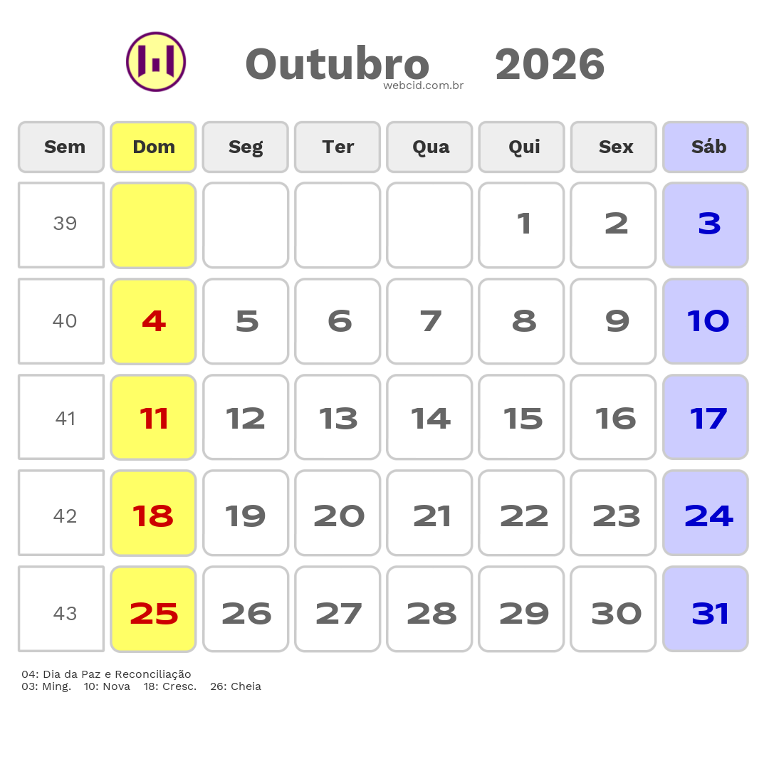Calendário 2026 - Outubro - Moçambique com feriados e fases da lua