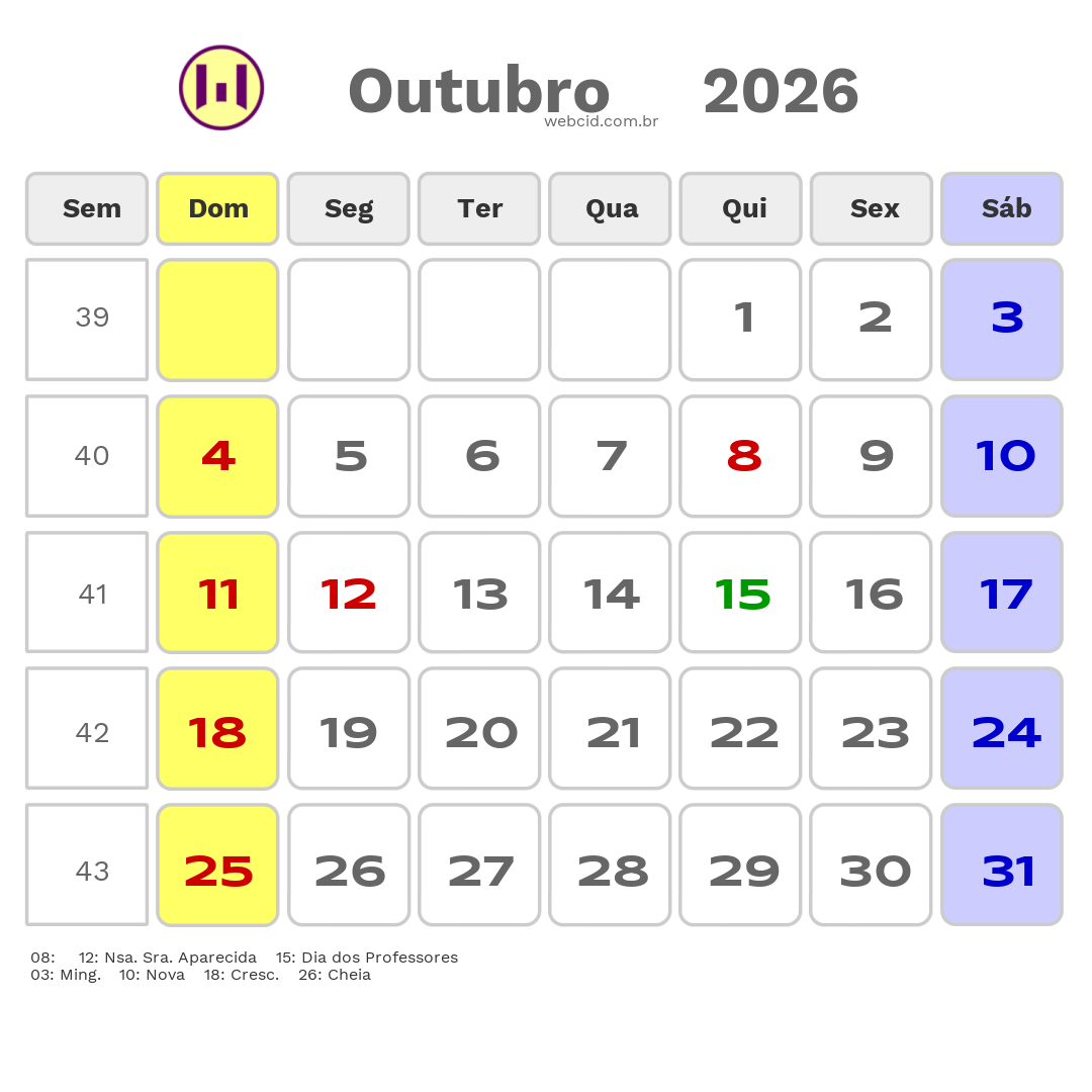 Calendário 2026 - Outubro - Tupassi-PR com feriados e fases da lua